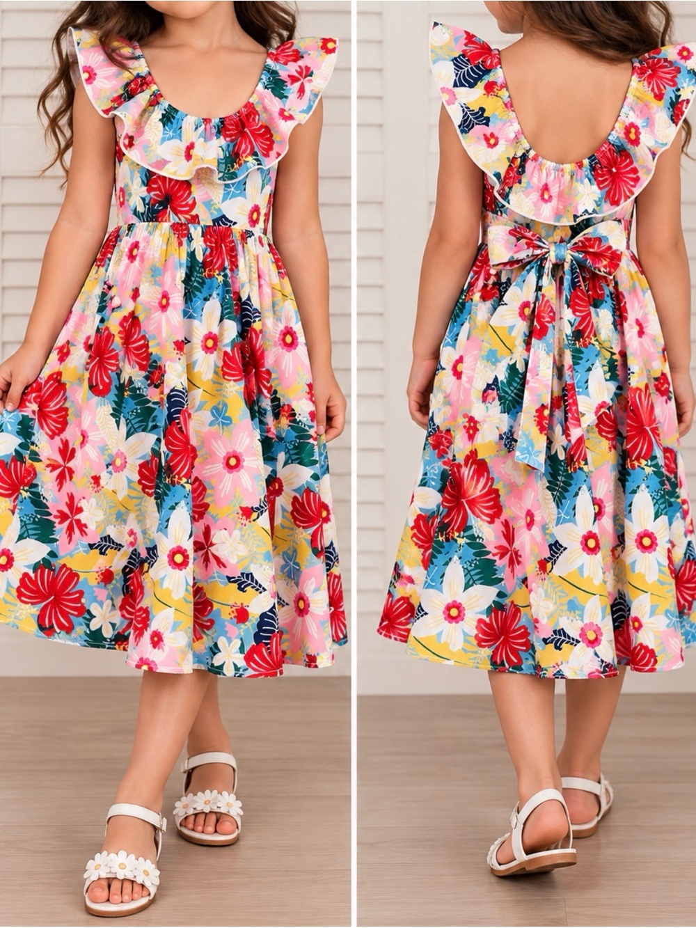Amazon Floral Ruffle Midi Dress in Pink, Red, Yellow, Blue